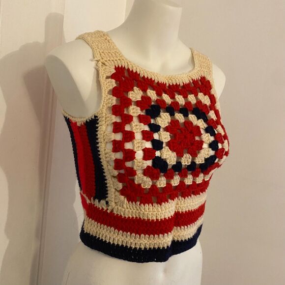 Homemade size Small Red White and Blue Americana Crochet Knit Cropped Tank Top - Picture 1 of 6